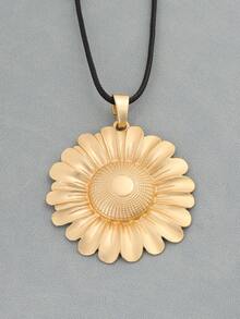 1 PC Fashionable Sunflower Patterned Boho Matte Gold Color Pendant On Long Adjustable Wax Cord Chain Necklace Suitable For Ladies Daily Wear, Couple Jewellery Chic Gift