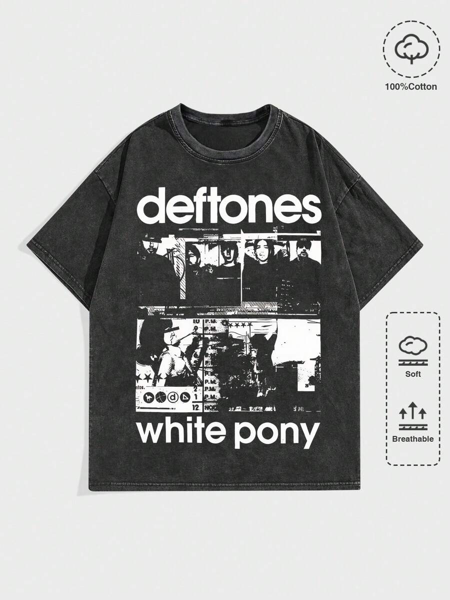EWH MEN Street Life "D Eftones" Band "White Pony" Graphic Print Vintage Washed Short Sleeve Crew Neck Men's T-Shirt,T Shirt Men,Shirts Graphic DG004 - màu đen - Xem 1
