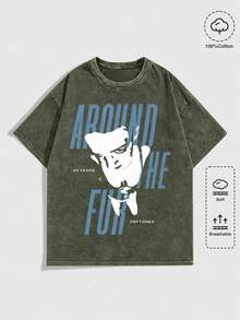EWH MEN Street Life "D Eftones" Band "Around The Fur" 25 Years Graphic Print Vintage Washed Short Sleeve Crew Neck Men's T-Shirt,T Shirt Men,Shirts Graphic DG004 - 軍綠色 - 查看 1