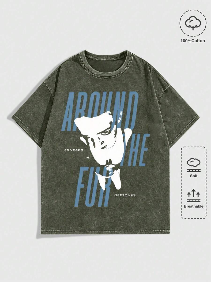 EWH MEN Street Life "D Eftones" Band "Around The Fur" 25 Years Graphic Print Vintage Washed Short Sleeve Crew Neck Men's T-Shirt,T Shirt Men,Shirts Graphic DG004 - 軍綠色 - 查看 1