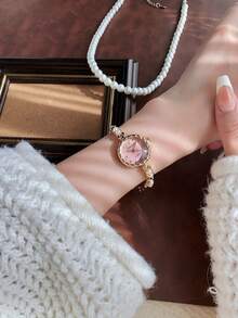 1 件新品粉色/白色串珠手链式圆形女士手表，可爱的椭圆形女士手链手表，送给自己或朋友的礼物