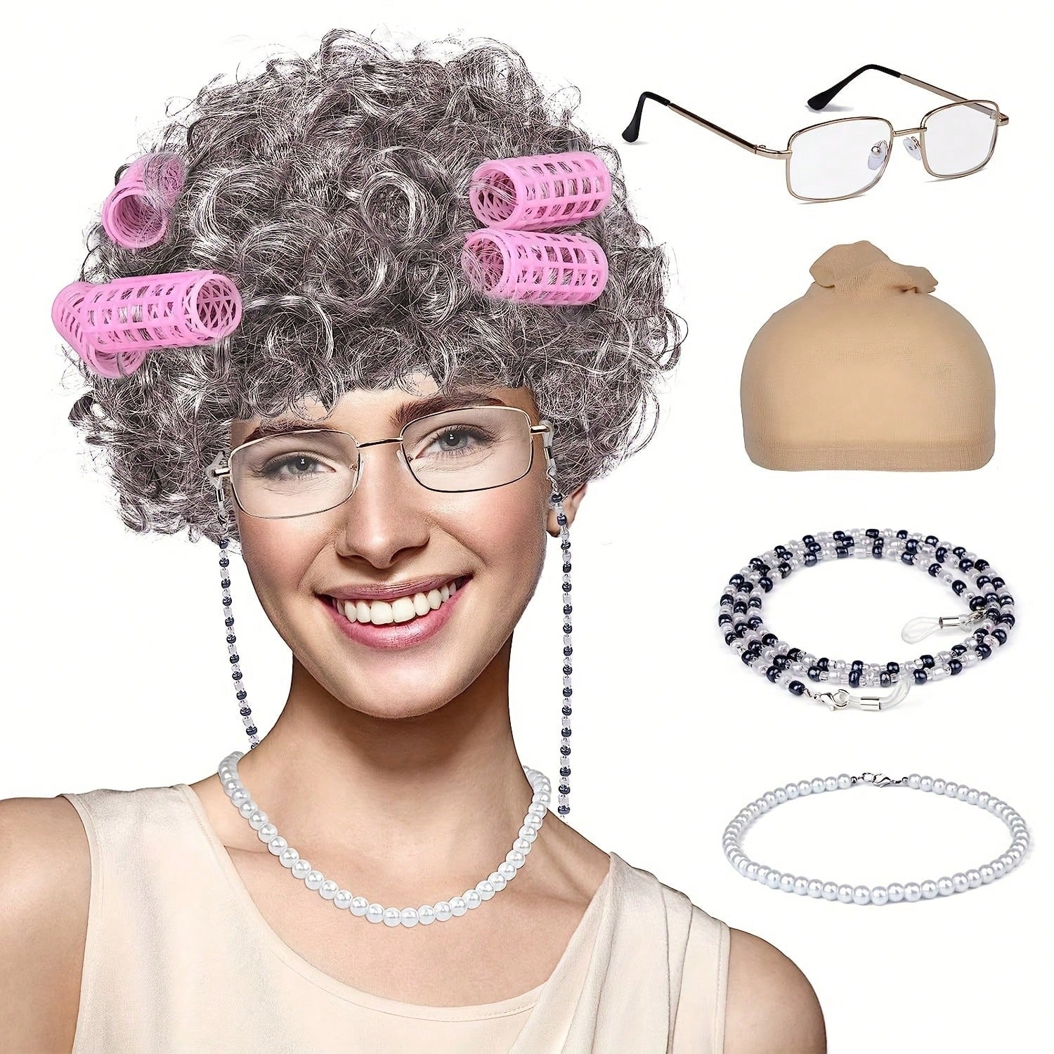 Conjunto de peluca rizada de 8 pulgadas para abuela, incluye rizador, peluca de disfraz de material sintético, estilo retro, tocado elegante, compati