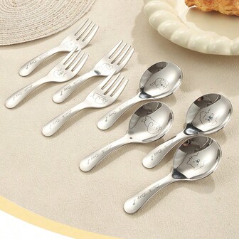 2pcs Stainless Steel Short Handle Cutlery Mini Portable Set, Spoon & Fork, For Children, Outdoor, Travel, Picnic