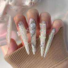 Long Press On Nails Stiletto Fake Nails White Chrome Glue On Nails 3d Ripple Butterly Pearl Charm Acrylic Nails Y2k False Nails 24Pcs Coquette Almond Manicure Nails Luxury Handmade Nails - 多色17 - 查看 1