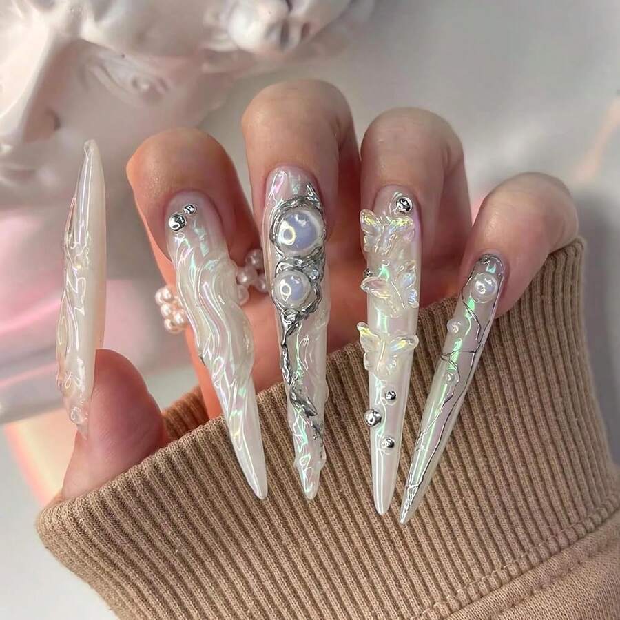 Long Press On Nails Stiletto Fake Nails White Chrome Glue On Nails 3d Ripple Butterly Pearl Charm Acrylic Nails Y2k False Nails 24Pcs Coquette Almond Manicure Nails Luxury Handmade Nails - 多色17 - 查看 1