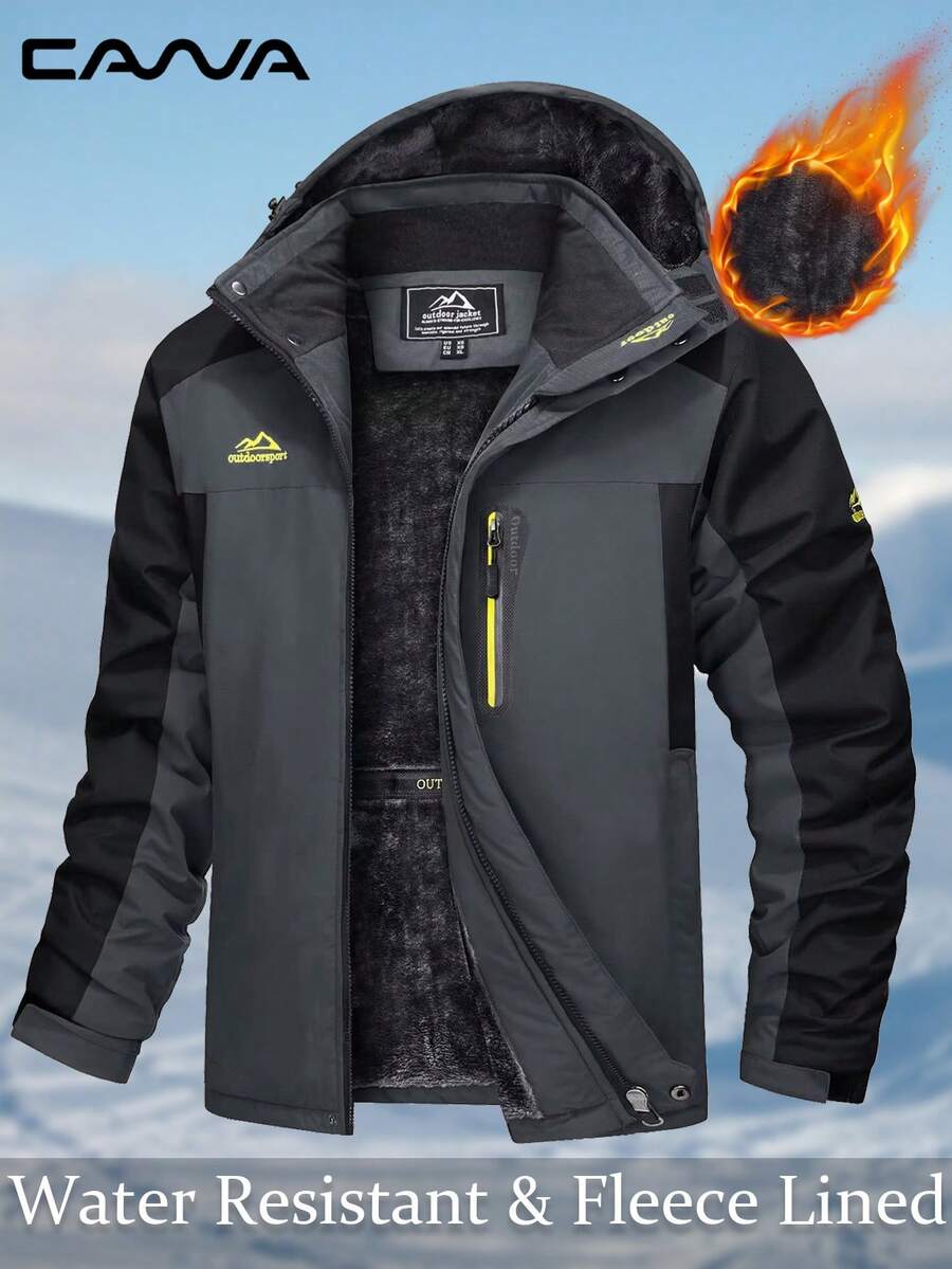 Cavva 男士防水滑雪夹克 冬季防风保暖可拆卸风帽多口袋徒步外套 露营滑雪登山防风衣 - 灰色 - 查看 1