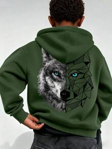 1件装男童休闲印花套头卫衣，保暖内衬，长袖，秋冬季 - 綠色 - 查看 1