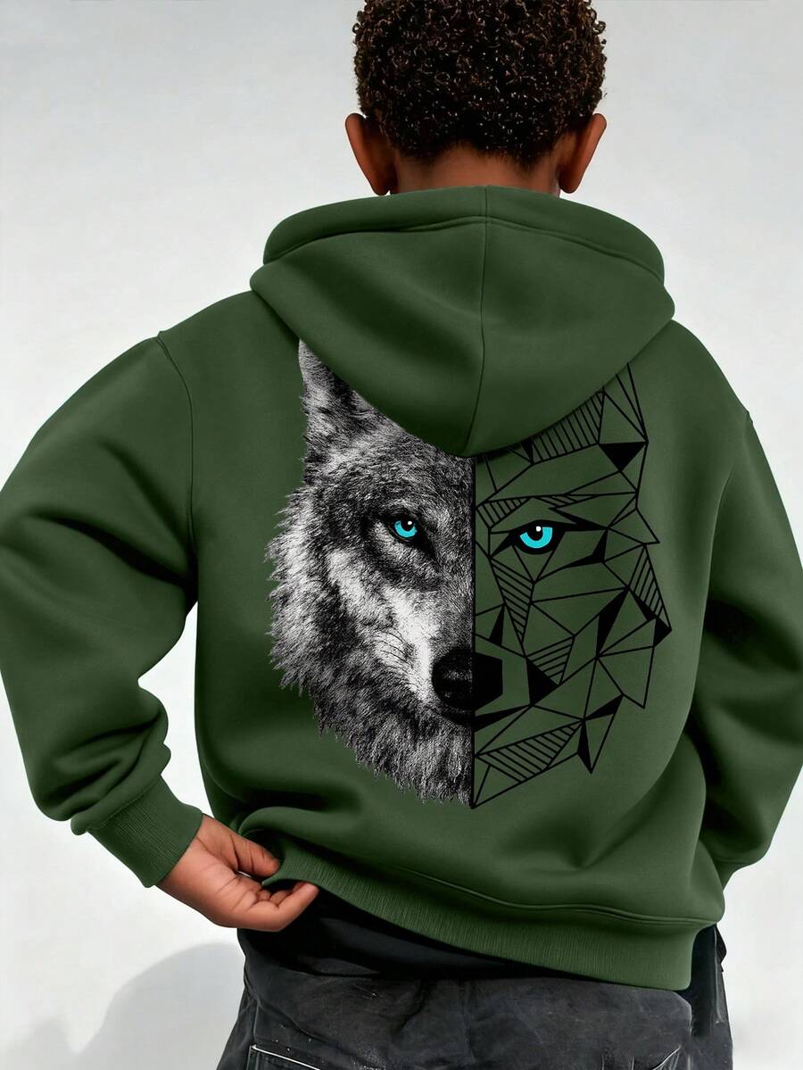 1件装男童休闲印花套头卫衣，保暖内衬，长袖，秋冬季 - 綠色 - 查看 1