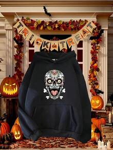 1pc Women'S Hoodie - Black Pullover Sweatshirt With Hood, Loose Fit Casual Streetwear For Gym, Everyday & Halloween Outfits - All-Season Comfortable Women'S Clothing, Gym Apparel, Geometric Print, Durable Fabricfall Hoodies,Men's Fall Clothes,Street Wear,Halloween,Mens Hoodies,Y2k Clothes,Jesus Hoodie,Thanksgiving Day,Nightmare Before Christmas,Christmas,Basics,Christmas Sweatshirt,Thanksgiving Outfit Men,,Christmas Clothes,Winter Clothes For Men,Men Gifts - 黑色 - 查看 1