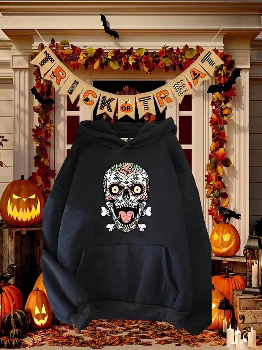 1pc Women'S Hoodie - Black Pullover Sweatshirt With Hood, Loose Fit Casual Streetwear For Gym, Everyday & Halloween Outfits - All-Season Comfortable Women'S Clothing, Gym Apparel, Geometric Print, Durable Fabricfall Hoodies,Men's Fall Clothes,Street Wear,Halloween,Mens Hoodies,Y2k Clothes,Jesus Hoodie,Thanksgiving Day,Nightmare Before Christmas,Christmas,Basics,Christmas Sweatshirt,Thanksgiving Outfit Men,,Christmas Clothes,Winter Clothes For Men,Men Gifts - 黑色 - 查看 1