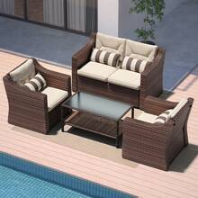 Outdoor Patio Sofa Set, 7/5/4/3/2 Piece Patio Conversation Set Outdoor Furniture Set, Wicker Lounge Chair With Ottoman Footrest, Coffee Table & Cushions (Brown/Grey) - màu nâu - Xem 14