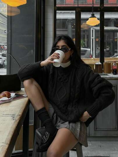 Sweter damski Senya Jesień/Zima, jednolity kolor, okrągły dekolt, skręcony kwiatowy splot, z opadającymi ramionami, luźny, prosty, vintage'owy sweter z dzianiny na powrót do szkoły