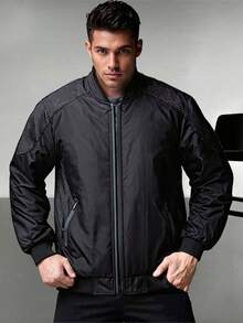 1 pezzo Giacca da baseball con collo alto da uomo per autunno/inverno, casual e versatile, stile streetwear, vestibilità morbida, adatta per escursioni all'aperto, bomber nero