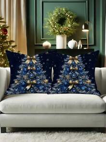1/2/4pcs Luxury Navy Blue & Golden Christmas Tree Throw Pillow Covers - Cushion Cases With Zipper Closure, Elegant Holiday Decor For Sofa, Bed, Office - Machine Washable All-Season Home Accents, Christmas Pillow Covers, Snowflake Pattern, Durable Fabric, Seasonal Decoration, High Quality Textile, Interior Designers - Blue - View 3