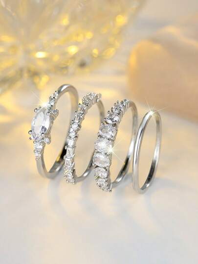 4 قطع من طقم خواتم مكعبات الزركونيا البيضاء الكلاسيكية البسيطة، مناسبة لمهرجانات الموسيقى والأعياد والأعراس