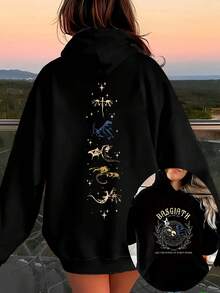 CHICLY19 Women's Oversized BASGIATH Dragon Graphic Hoodie - Black Long Sleeve Pullover With Gold/Blue Dragon Print, Star Accents & Front Logo Design. Loose Fit Casual Sweatshirt For All Seasons, Streetwear Style, Daily Wear, Vacation & Back To School. Cozy Soft Fabric, Kangaroo Pocket, Fantasy-Inspired Hooded Top For Teens & Young Adults. Perfect For Fall/Winter Layering Or Spring Autum Outfits. - 黑色 - 查看 1