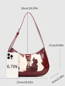 1pc Women's Minimalist Chic Shoulder Bag, Color Block Half-Moon Shape Handbag, Large Capacity, Suitable For Dates, Outings, Parties, Available In Burgundy Leopard Print And Cow Print