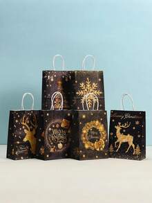 12 piezas - Bolsas de tela negras con asas para Navidad, bolsas de regalo de Navidad, bolsas de fiesta de Navidad con diseño de Papá Noel, reno y campanas, reutilizables, bolsas de mano negras para fiestas, de 8.3x5.9x3.2 pulgadas, bolsas de compras, bolsas de obsequios, decoraciones navideñas para el hogar, regalos de Navidad y Año Nuevo 2026