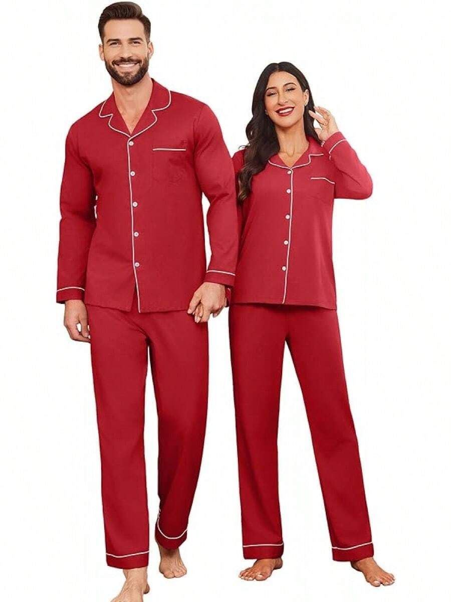 Couple Matching Pajamas 100% Cotton Long Sleeve Sleepwear Button Down Loungewear Pjs Set S-XXLhalloween - 紅色 - 查看 1