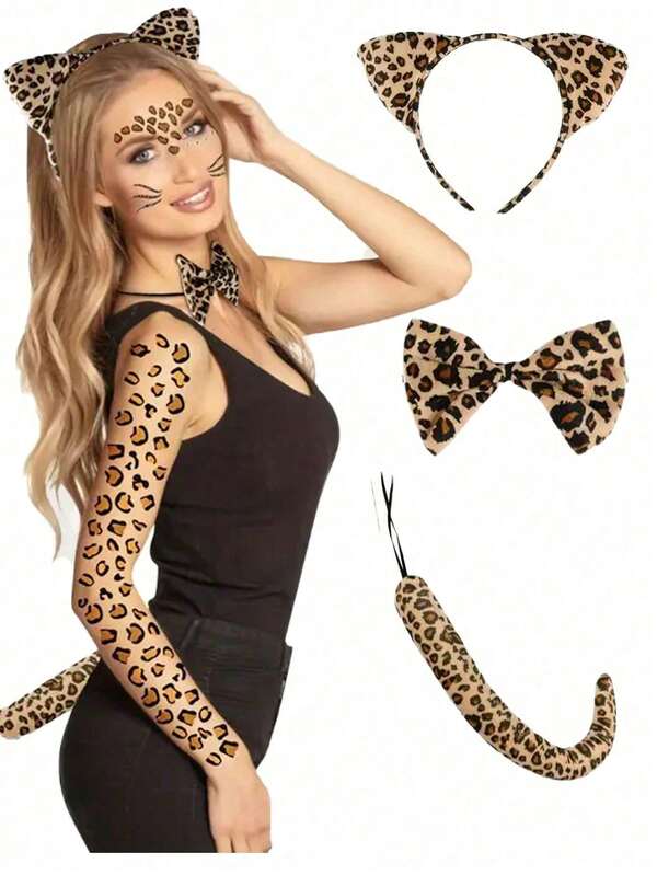 3pcs Cross-Border Cute And Fun Leopard Print Adult And Small Three Pieces Set Props, Cat Ear Headband, Tail, Bow, Suitable For Various Festival And Party Outfit Props.