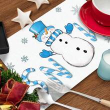 1/4/6 pièces Dessous de plat décoratifs avec bonhomme de neige portant un chapeau Top de forme bleu, décoré de feuilles de houx et de baies rouges, enveloppé dans une écharpe rayée bleu et blanc, avec des gants bleus imprimés