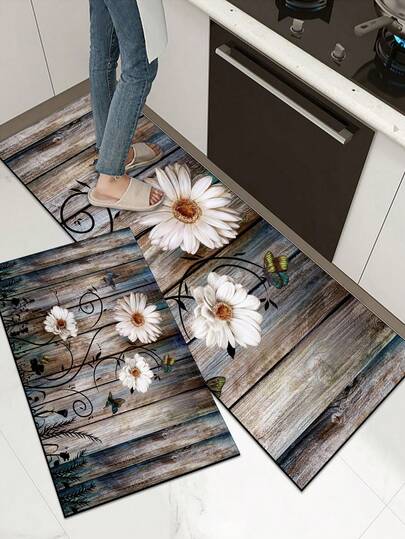 1 pieza Tabla de madera 3D con patrón de crisantemo, estilo natural vintage abstracto, de aproximadamente 3 mm de grosor, juego de felpudo/alfombra absorbente, lavable, adecuado para cocina, baño, entrada, lavandería, estudio, sala de estar, dormitorio, pasillo