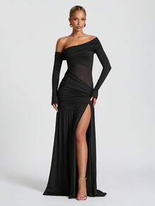 Elegant Sexy Asymmetric Neck Mesh Party Long Sleeve Dress, Halloween Party Super Long Dress, Christmas Party Formal Gown