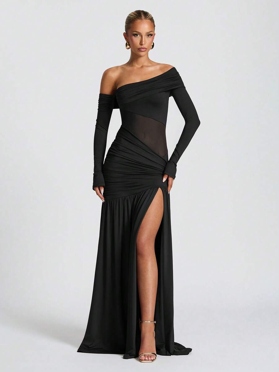 Elegant Sexy Asymmetric Neck Mesh Party Long Sleeve Dress, Halloween Party Super Long Dress, Christmas Party Formal Gown