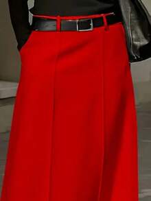 Plus Size Women's Casual Commuter Minimalist Solid Color Side Pocket Skirt, Belt Not Included - 紅色 - 查看 4