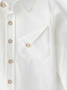 Young Boy Solid Color Front Button Pocket Casual Long Sleeve Shirt, Autumn - White - View 4