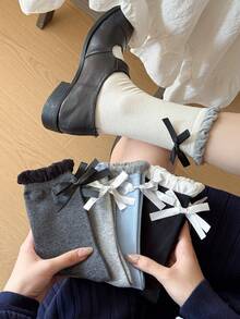 1 par de calcetines de mujer con lazo y contraste de color acanalado, lindos y versátiles, estilo lolita, calcetines blancos sencillos hasta el tobillo