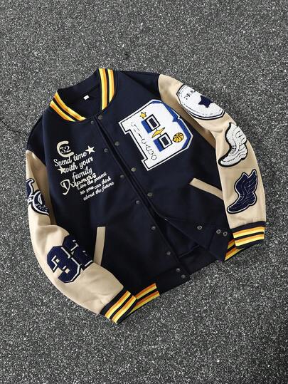 Vintage amerikanischer Stil bestickter Baseball Jacke, thermisch gefüttert, locker geschnitten, Patchwork Design, Streetwear Paar Jacke, Frühling/Herbst