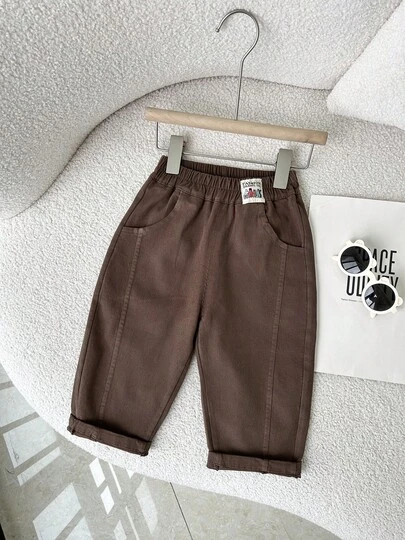 Boys' Cotton Casual Pants, Spring & Autumn Young Boy School Style Trousers, Elastic Waist, Casual Outdoor Long Pants, Machine Washable, Comfortable Casual Wear, Ideal Choice For Outings
