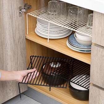 1pc Kitchen Cabinet Shelf Organizer, Sturdy Metal Cabinet Storage Rack, Expandable Kitchen Counter Shelf For Utensil Storage, Plate Rack, Bowl Rack, Spice Jars (Black And White Variant C)