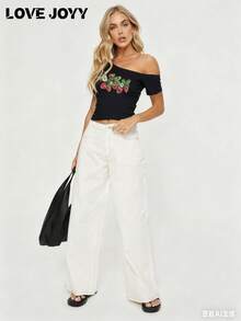LOVE JOYY Women's Summer Off-Shoulder Sweet Strawberry Pattern Music Festival Club Outfit T-Shirt