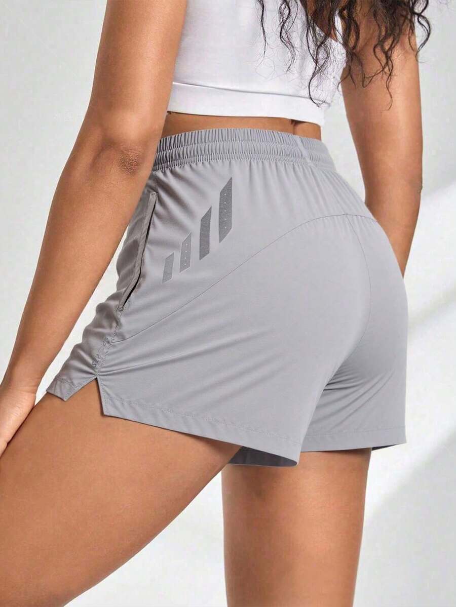 1 件女士夏季运动蝴蝶印花短裤，松紧腰抽绳跑步裤，适合室内健身和户外跑步 - 灰色 - 查看 1