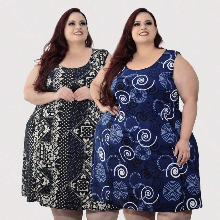 KIT 2 Women's Printed Plus Size Tank Dresses - 彩色 - 查看 1