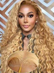 Eulisi Honey Blonde Deep Wave Human Hair Wig 26 Inch 13x6 Lace Front Wave Wigs Human Hair Blonde 180% Density Blonde Deep Wave Wig Human Hair #27 Color Curly Honey Blonde Lace Front Wig Human Hair Pre Plucked - S27 - View 14