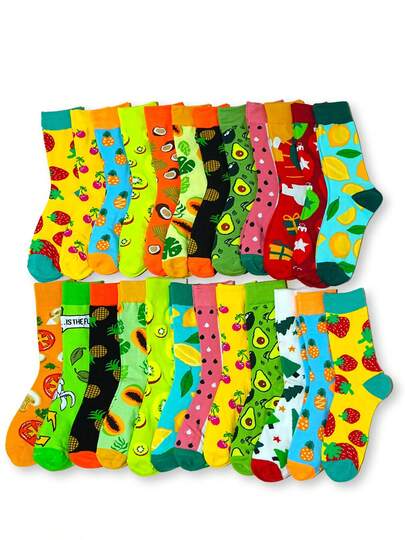 6/10/12/16 Pairs Assorted Fruit Pattern Mid-Calf Socks, Comfortable Soft Polyester Blend, Suitable For Daily Casual Outdoor Wear, Great Gift For Family, Friends And Colleagues, Unisex, Autumn/Winter