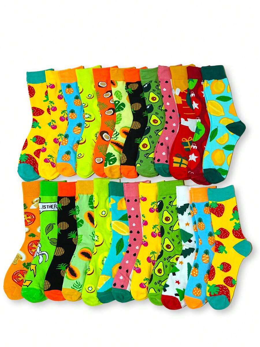 6/10/12/16 Pairs Assorted Fruit Pattern Mid-Calf Socks, Comfortable Soft Polyester Blend, Suitable For Daily Casual Outdoor Wear, Great Gift For Family, Friends And Colleagues, Unisex, Autumn/Winter