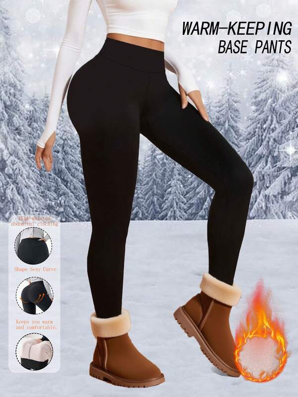 1pc Women's High Waist Warm Leggings, Double-Sided Fleece Soft Fabric - Elastic, Slim-Fit, High Waist, Solid Color, Thick Winter Sports Warm Tight Pants, Soft Yoga Pants, Suitable For Cold Weather In Autumn/Winter