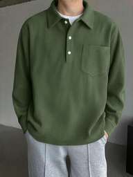 남성용 그린 코듀로이 터ndown 칼라 긴소매 폴로 셔츠, 봄 & 가을용 루즈핏 캐주얼 풀오버 탑