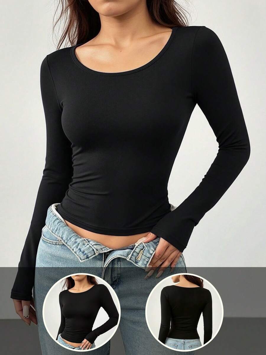 1pc Autumn Fitted Black Crew Neck Elastic Knit Pullover - Women's Basic Undershirt, Suitable For Casual Outfits, Leisure Fashion, Everyday Wear, Autumn Women's Clothing - Black - View 1