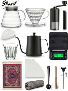 shoxil 3/14 件咖啡壶套装、便携式咖啡壶套装、滴滤咖啡壶套装、02 号尺寸、手冲咖啡套装、手工咖啡套装、V02 滴滤咖啡套装、派对节日礼物、便携式咖啡露营套装、旅行咖啡配件工具 - V02 Set - 查看 12