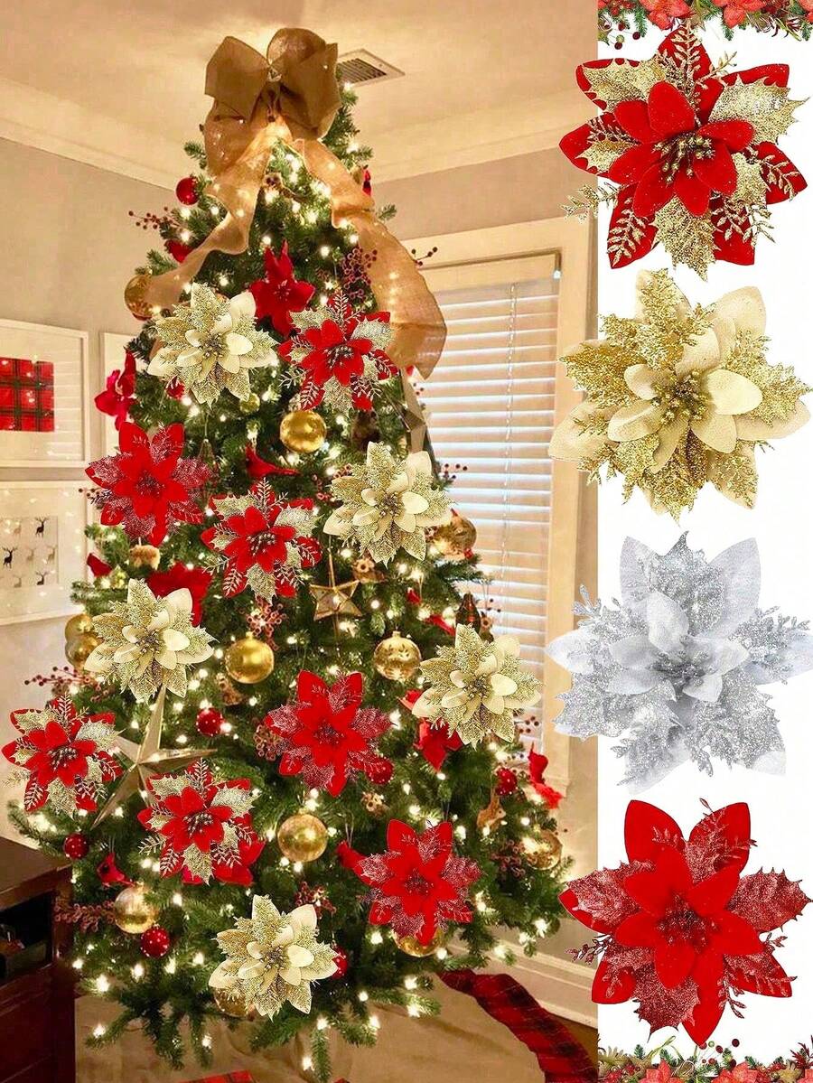 3/5/10/20PCS Glitter Artificial Christmas Flowers, Christmas Tree Decorations, Christmas Tree Wreath Diy Decorations, Including Gold, Red, Silver, Poinsettia Christmas Tree Decorations, Artificial Christmas Flowers, Home Decor, Holiday Party Decorations, Christmas Decorations, Room Decor, Winter Party Atmosphere Decoration.