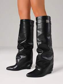 Knee High Fold Over Shark Boots For Women Pointed Toe Wedges High Heels Pull On Slouchy Boots Fashion Party Business Fall Shoes - 黑色 - 查看 2