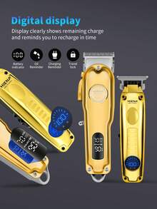 HINEA HIENA 三合一专业无线理容套装，包含金色电动理发器、剃须刀、修剪器 - KM-2299，不锈钢刀片，个人护理套装，精美礼盒包装