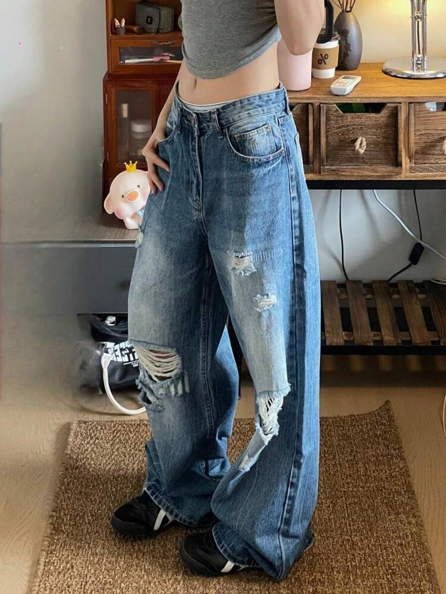 Washed Ripped Jeans For Men, Straight Leg Loose And Wide Leg American High Street Pants, Rugged And Handsome Couple Casual Pants