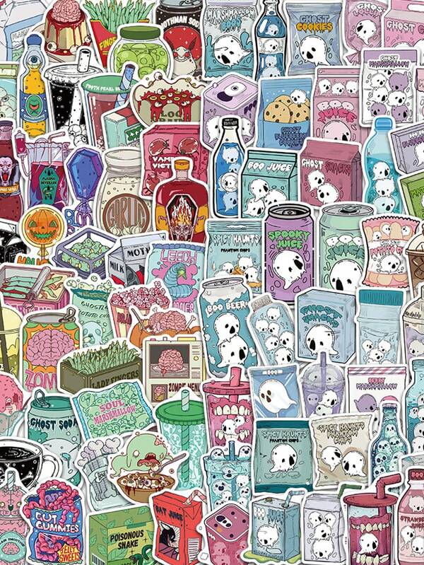50/100 piezas Pegatinas retro de dibujos animados de fantasmas, zombies y comida terrorífica, decorativas DIY para equipaje, cuadernos, portátiles, botellas de agua, guitarras, teléfonos y papelería