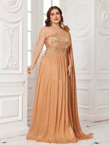 UNITHORSE Plus 女款单肩超长袖亮片拼接仿莱赛尔手工立体花朵点缀修身长款晚礼服 - 銅色 - 查看 6